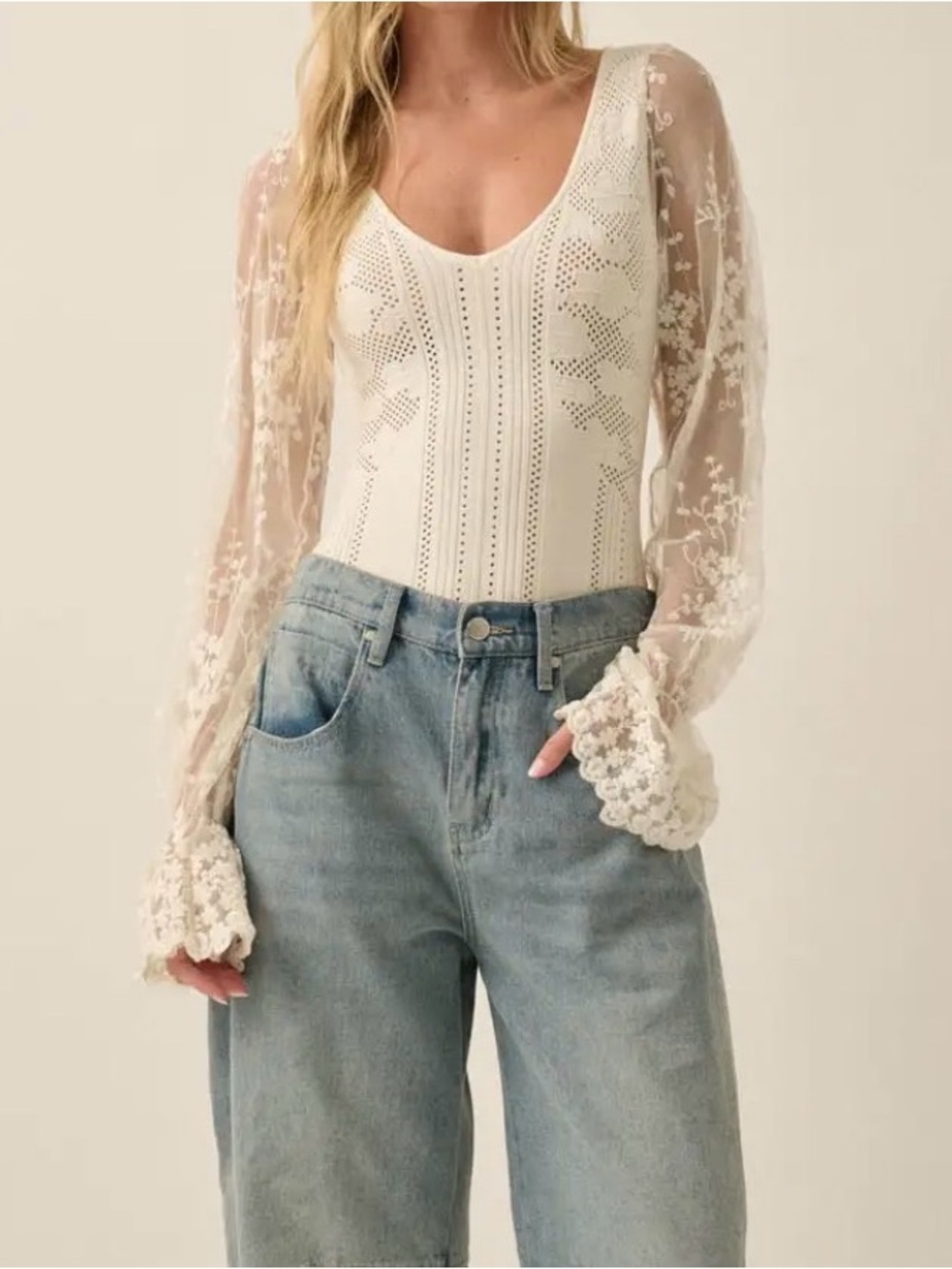NWT Promesa Pointelle Knit Lace Ribbed Boho Bodysuit Top Blouse Ivory - Picture 8 of 12